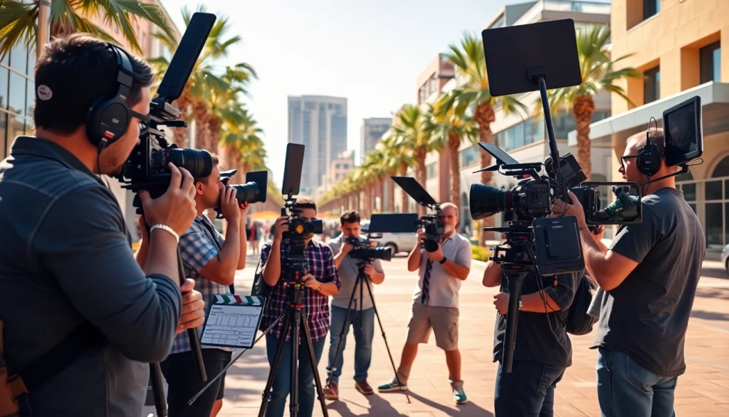 Video Production Company Phoenix crew filming with professional equipment in vibrant urban settings.