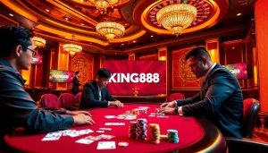 Engaged poker players and a vibrant roulette wheel representing nhà cái KING88 excitement in a luxurious casino setting.
