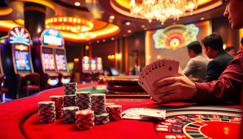 Experience the excitement of gambling at vn88, featuring players enjoying poker tables and colorful slot machines.