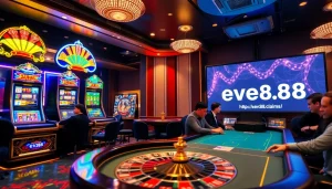 Players enjoying thrilling moments at https://ev88.claims/ casino with vibrant slot machines and roulette.