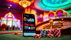 The u888 app interface displayed on a smartphone amidst a lively casino scene, showcasing excitement and betting opportunities.