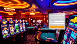Dewanaga89 login interface amidst a lively casino scene with slot machines and poker tables.
