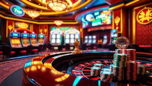 Engage in thrilling casino excitement at 7m cn with vibrant poker chips and a luxurious roulette wheel.