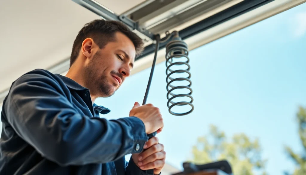 Garage door repair Rockville MD service technician diagnosing a garage door problem.