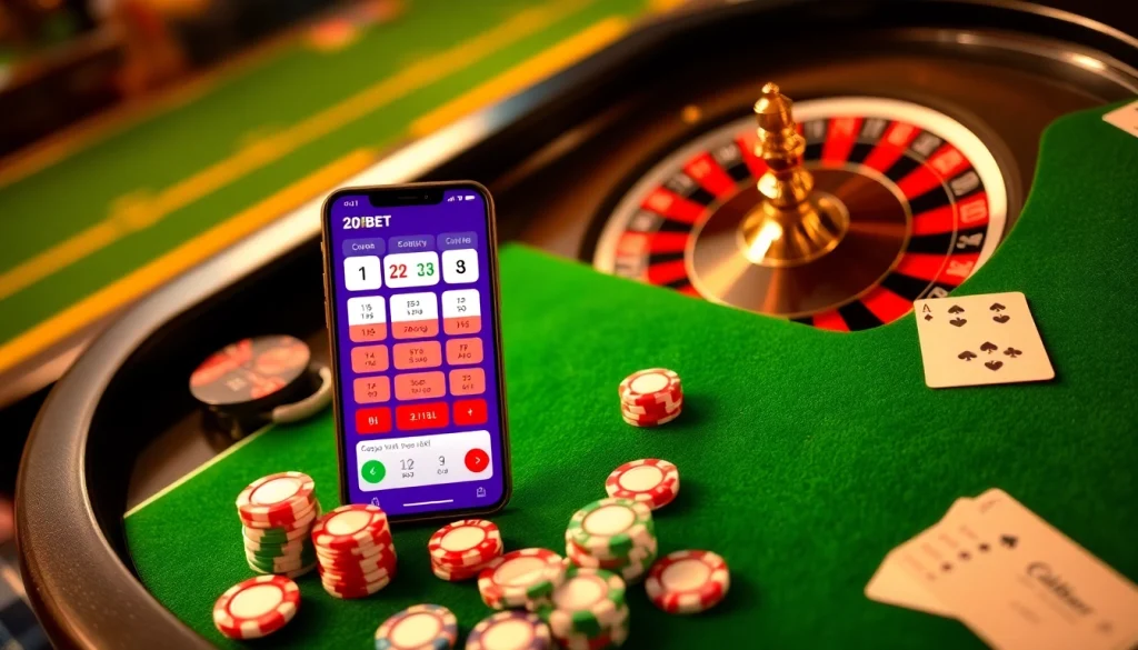Experience the excitement of the 20bet App in a luxurious casino setting with poker and roulette.