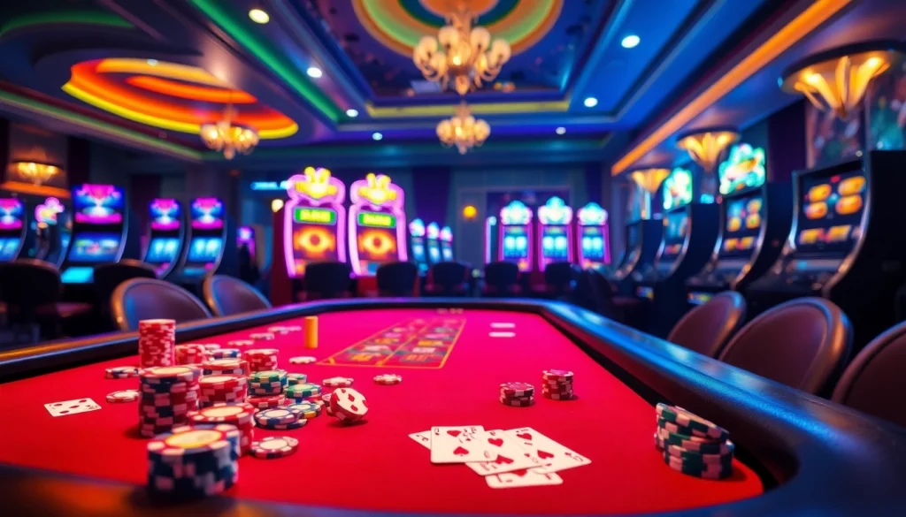 A captivating casino scene showcasing engaging table games, poker chips, and slot machines related to birutoto.