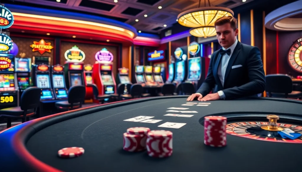 A casino scene showcasing high-stakes poker at ta88 with vibrant slot machines and a roulette wheel.