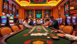 SV388 poker players engaging at a luxurious casino table with vibrant colors and excitement.