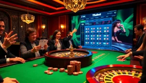 Thrilling Thabet poker scene with vibrant casino visuals showcasing excitement and strategy.