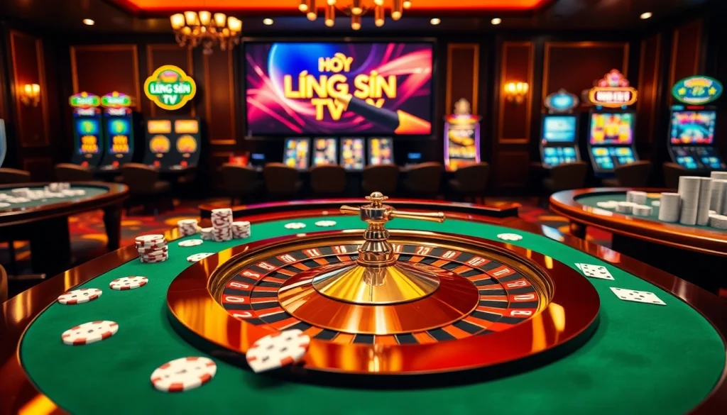 Lương Sơn TV enhances the online gambling experience with a luxurious casino atmosphere featuring roulette and poker elements.