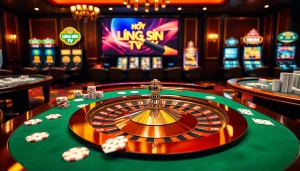 Lương Sơn TV enhances the online gambling experience with a luxurious casino atmosphere featuring roulette and poker elements.