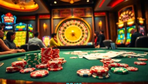 Stunning casino scene featuring RR88 poker chips and vibrant roulette in a luxurious atmosphere.