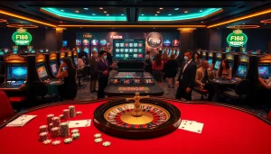 Experience the thrill of betting at nhà cái f168 with a lively casino scene showcasing gaming tables and vibrant slot machines.