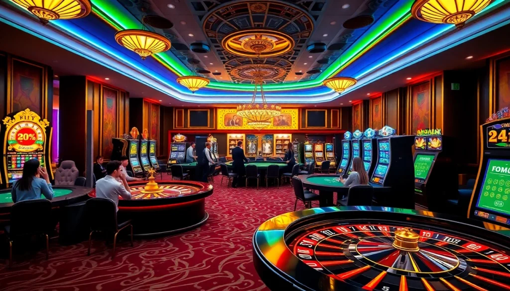 Thrilling gambling atmosphere at thabet casino with vibrant tables and excited players.