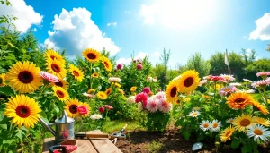 Gardening colorful flowers in a vibrant backyard with tools and plants in a sunny atmosphere.