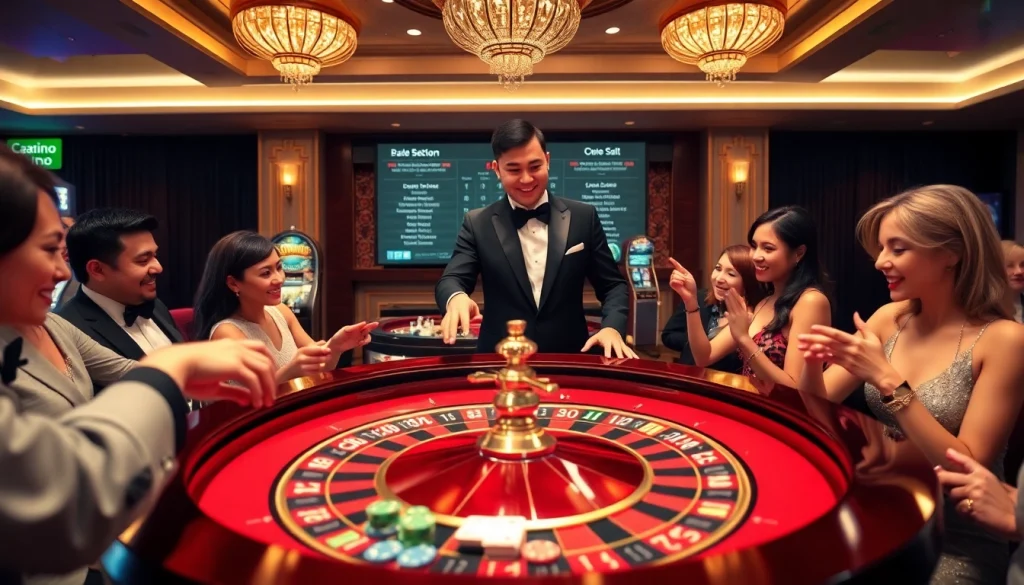 Players enjoying an exciting game at rr88's luxurious casino table filled with vibrant chips and cards.