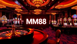 Exciting gambling atmosphere featuring MM88 logo with roulette and poker elements.