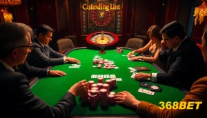 Experience thrilling gameplay at 368BET, where players engage in high-stakes poker surrounded by vibrant casino decor.