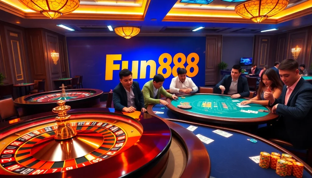 Fun88 users enjoying an exciting night at a vibrant casino with roulette and poker games.