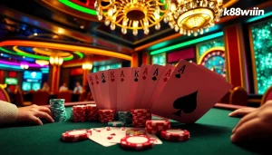 Experience the thrill of k88win at an elegant poker table with vibrant cards and chips.