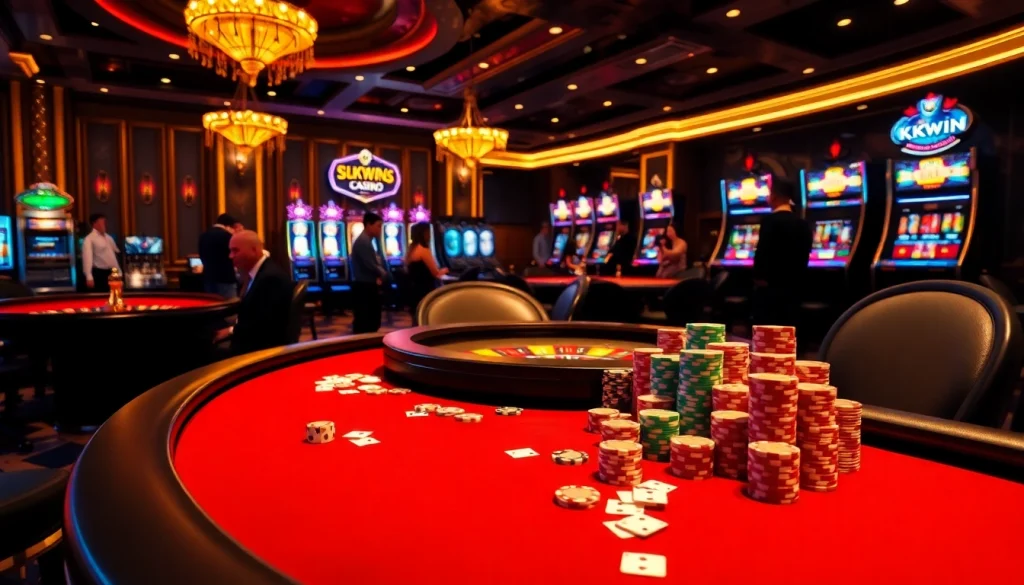 Exciting poker action at kkwin black casino with vibrant chips and luxurious decor.