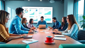 Boost social media marketing team strategizing at https://boost-social-media.com in a modern workspace.