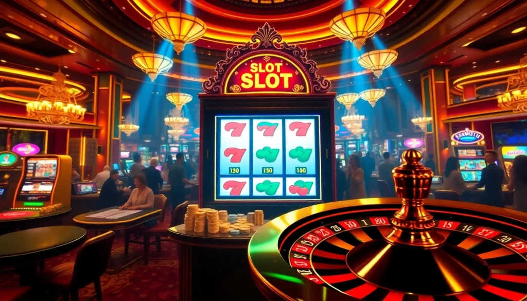 Play vibrant and exciting Slot Terpercaya on a luxury casino floor filled with players.