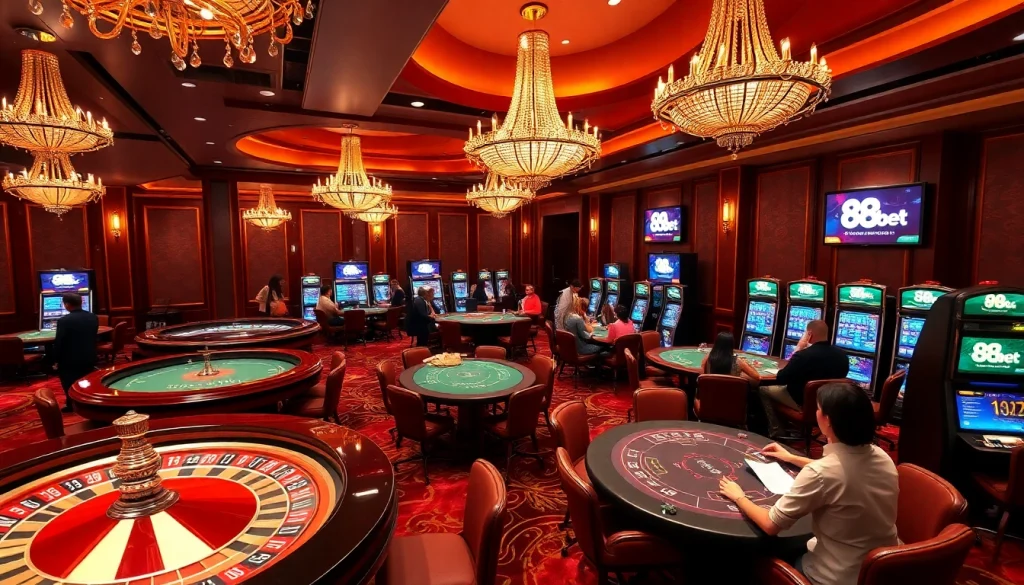 88bet players enjoy a thrilling casino experience at vibrant roulette and poker tables.