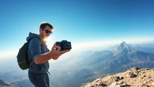 Adventurer capturing stunning 360-degree views with an insta360 camera on a mountain peak.