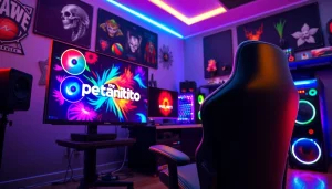 Menggambarkan petanitoto pada setup gaming yang menarik dengan peralatan modern.