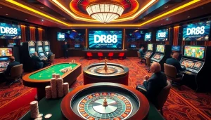 Experience the excitement of gambling at DR88 with high-stakes poker chips and a lively roulette wheel.