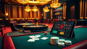 Experience high-stakes play at F168 casino tables with roulette wheels and poker chips.