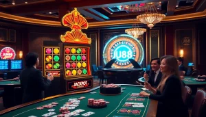 Experience the excitement of JUN88's casino atmosphere featuring vibrant slot machines and energetic players.