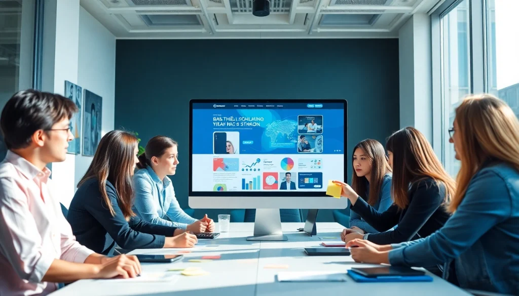 Professional team collaborating on website design, showcasing 'Thiết kế website' innovation.