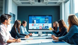 Professional team collaborating on website design, showcasing 'Thiết kế website' innovation.