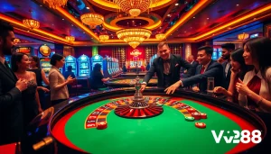 Excited players engaging at the Vb88 roulette table in a luxurious casino environment.