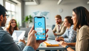 Efficient communication with Telegram官网下载 on a smartphone in a modern office.