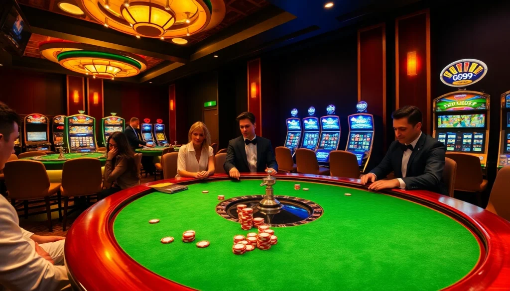Go99 gaming scene with elegant poker table and illuminated roulette wheel.