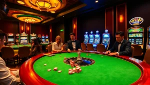 Go99 gaming scene with elegant poker table and illuminated roulette wheel.