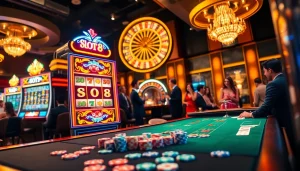 Players celebrating wins at the SLOTS8 casino with vibrant slot machines and poker chips.