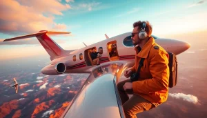 FLY88 aviation-inspired lifestyle scene featuring a private jet and stylish travelers.