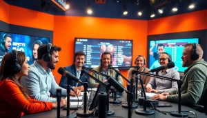 Engaging scene of hosts at https://sportnation.nz discussing sports news and events live.