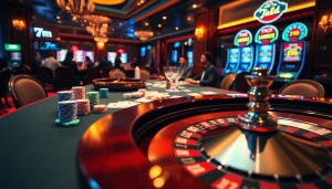 Experience high-stakes gambling at 7m; vibrant casino scene with poker chips and roulette wheel.