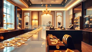 Goldankauf in der Nähe professionell in einem eleganten Juweliergeschäft darstellen.