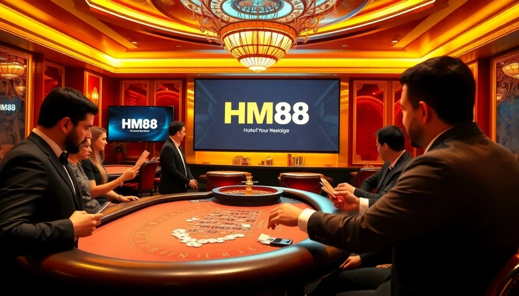 Players winning big at HM88 casino, engaging in poker and roulette amidst luxury surroundings.