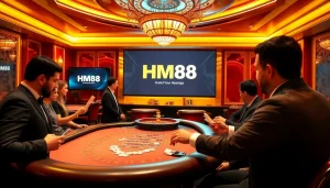 Players winning big at HM88 casino, engaging in poker and roulette amidst luxury surroundings.