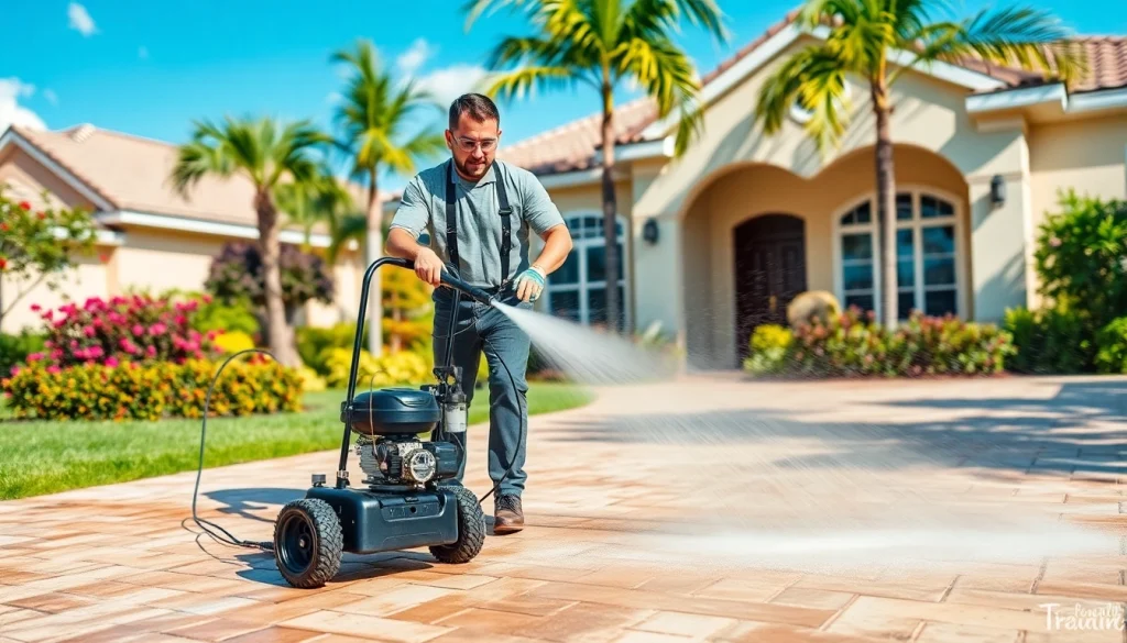 Pressure wash service revitalizing a driveway in Kissimmee, FL with an expert technician.