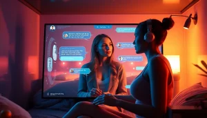 Engaging ai sex chat interaction in a cozy virtual environment with an AI character.