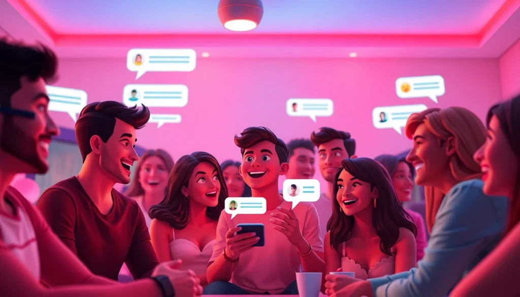 Porn chat interactions in a vibrant, engaging digital environment with diverse avatars and colorful lighting.
