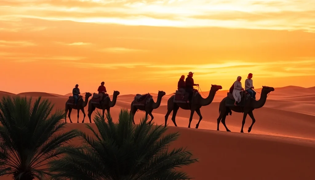 Camel ride Marrakech at sunset, tourists on camels in Agafay Desert with vibrant sky.
